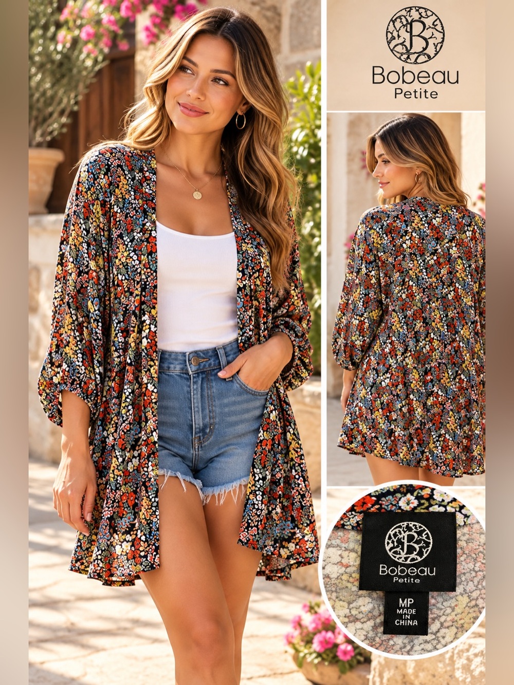 Bobeau Petite Open-Front Floral Cardigan Multi-Color Size MP